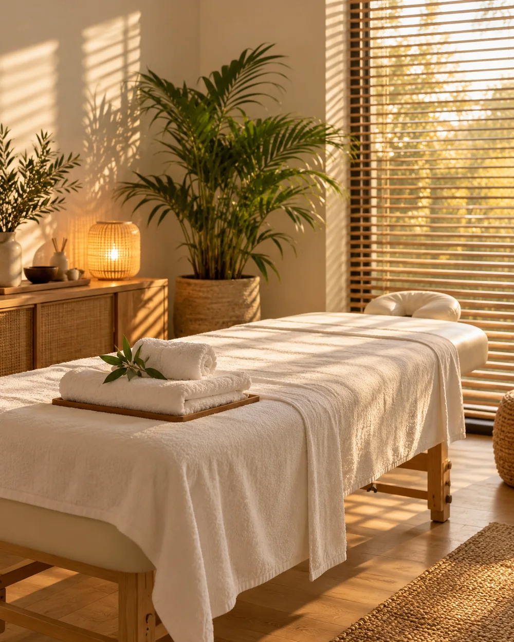 Maca de massagem arrumada com toalhas brancas dobradas, numa sala com luz de fim de tarde e plantas.