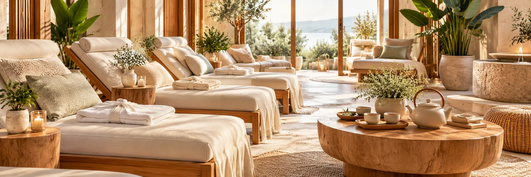 Área de descanso de day spa com espreguiçadeiras e toalhas.