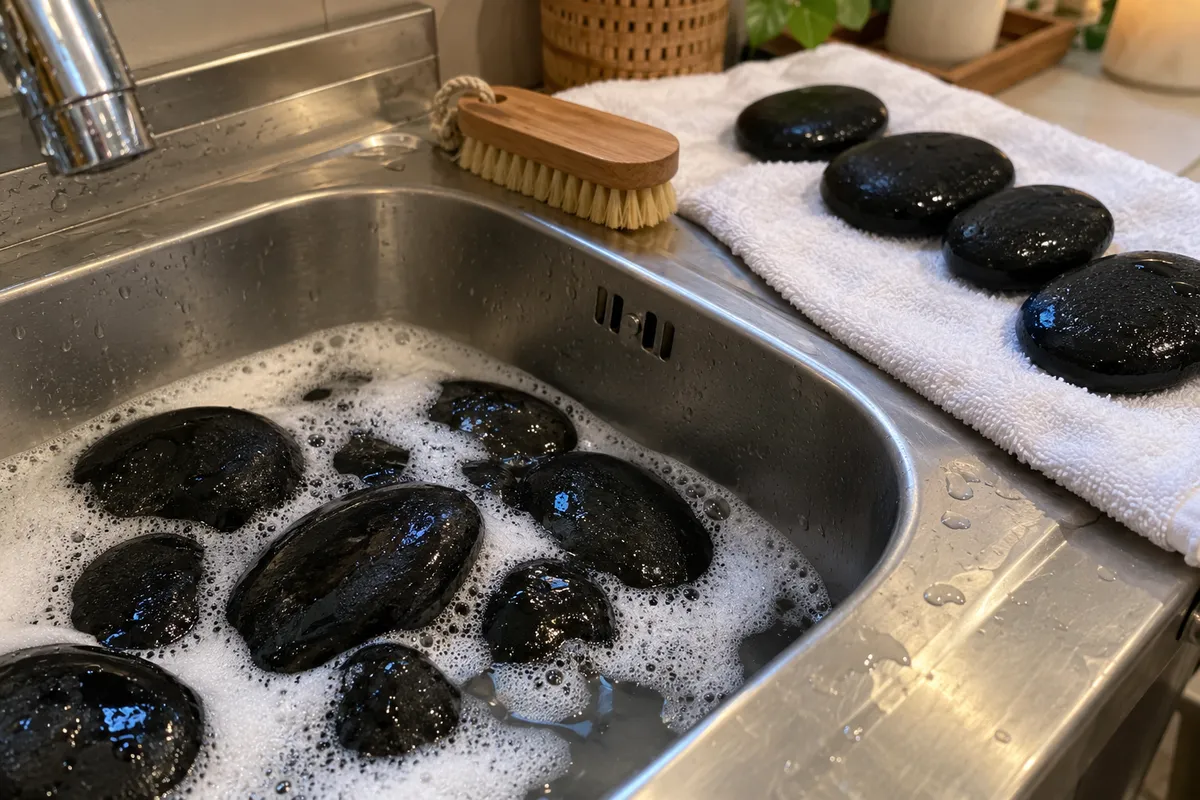 Pedras sendo lavadas com espuma numa pia de inox, com escova e pedras secando na toalha.
