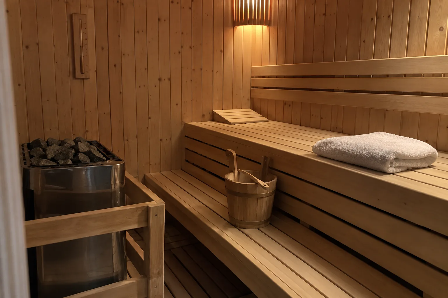 Sauna seca de madeira com bancos, aquecedor de pedras, balde e toalha dobrada.